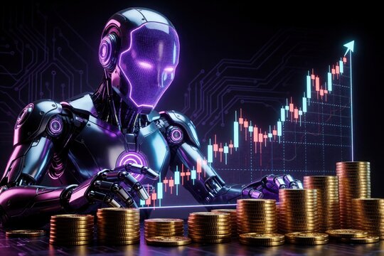 Futuristic robot analyzes stock market chart and stacks of gold coins. AI controls capital growth using advanced algorithms for profit. Smart finance tech.