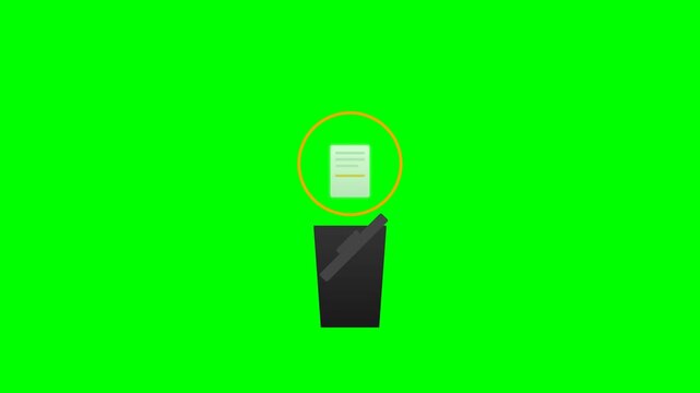 Flat Animation of a Digital Document Falling Into a Trash Bin with Green Checkmark on Green Screen