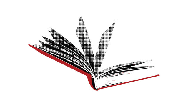 An Open Book: A red-covered book lies open, its pages fanned out, suggesting a story unfolding or knowledge being shared.