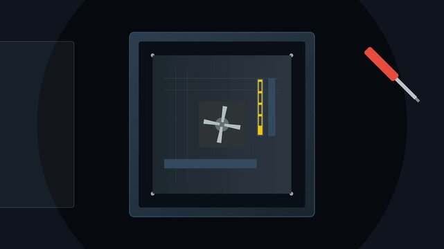 Abstract flat design animation of building and securing a safe vault door with tools and wiring.