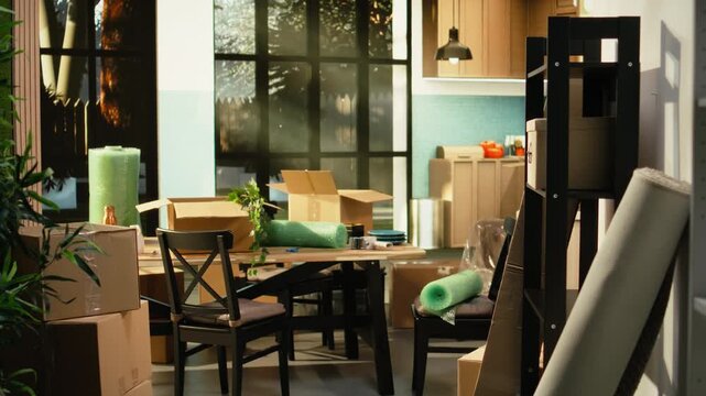 Empty home with stacked boxes and packed household belongings on the floor, prepared for relocation, unpacking and furniture placement in a new property.