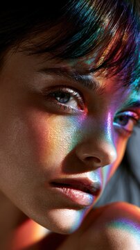 Portrait of a young woman with natural skin texture illuminated by colorful rainbow light casting vibrant reflections across her face and shoulder