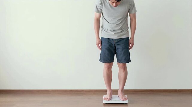 Disappointed Japanese Middle Aged Man Looking at Bathroom Scale After Weight Gain, Health and Diet Concept, Copy space on the left, 4K, Seamless loop
