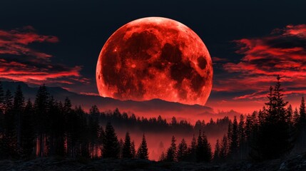 Obraz premium Dramatic blood-red moon rising behind misty forested mountains with vivid glowing crimson clouds illuminating the dark night sky