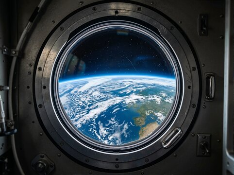 Earth horizon and blue planet view from a spacecraft porthole. Circular window looking out into outer space