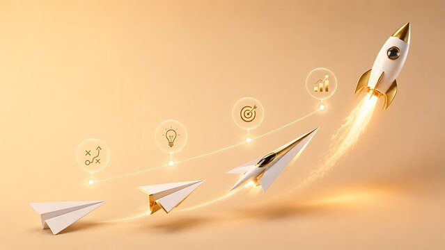 Business Startup And Growth Strategy Concept With Flying Rocket And Idea Icons