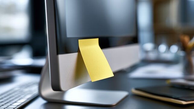 Yellow sticky note attached to the bottom edge of a modern desktop computer screen in a bright office workspace environment