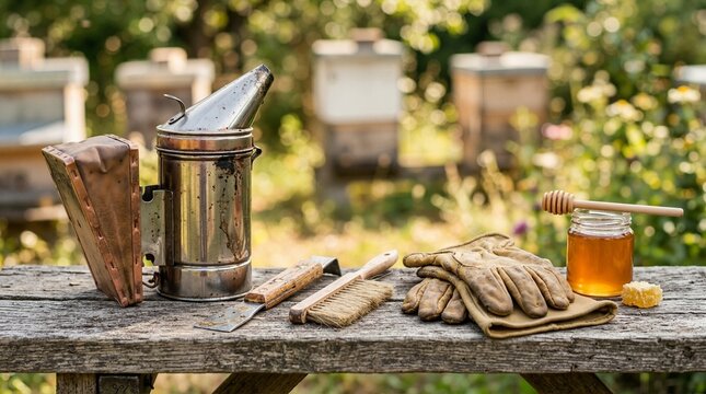 Beekeeping tools and a jar of honey on a wooden bench. Bee smoker, gloves, and brush in an apiary. Honey harvest concept