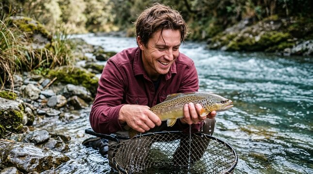 Happy angler holding freshly caught brown trout over landing net. Smiling man fishing in clear mountain river