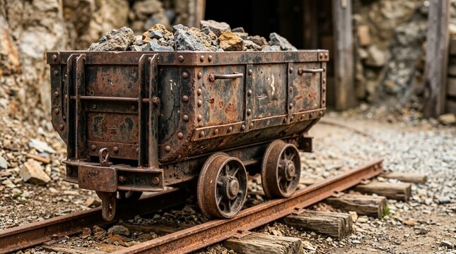 Old rusty mining cart filled with rocks on railway tracks. Vintage industrial mine wagon in an abandoned quarry