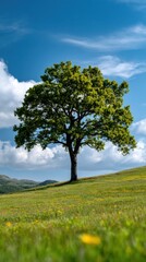 Obraz premium A majestic solitary tree standing tall on a vibrant grassy hill under a bright blue sky scattered with fluffy white clouds and surrounded by distant mountains