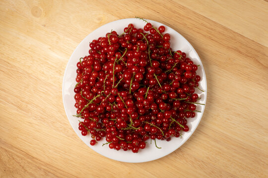 Red currants filling white plate for healthy eating
