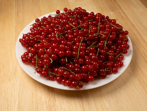 Fresh red currants on white plate over wooden table