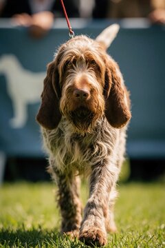 Spinone Italiano dog walks on green grass towards camera. Wirehaired hunting breed with brown and white fur, friendly expression. Dog show event or park setting.