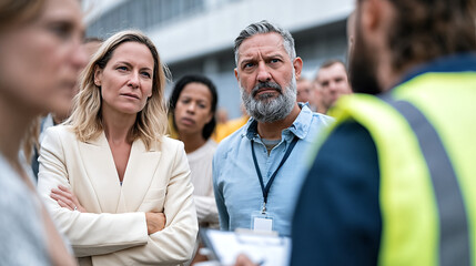 Obraz premium Professionals Gather Outdoors: Engaging Speaker in Neon Vest Addresses Attentive Audience Near Modern Building