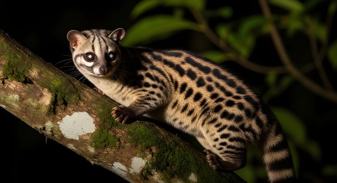 Small spotted civet cat perched on a mossy tree branch in the dark tropical forest at night