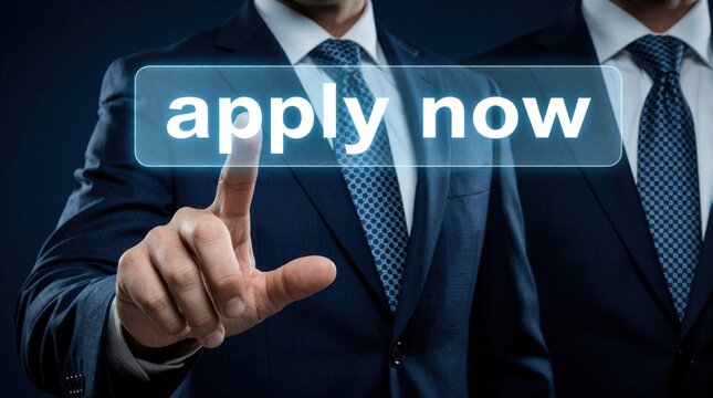 Professional man in suit presses virtual apply now button on screen. Focus on future career choice and digital online application for job opportunity.