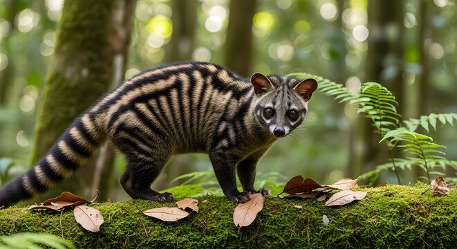 Small Asian civet standing on a mossy log in a lush tropical rainforest habitat.