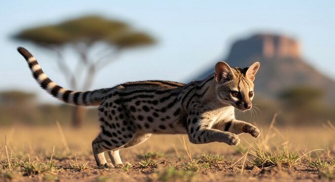 Small wild cat running in the African savanna with acacia tree and mountain background