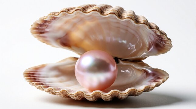Large pink pearl sits inside open clam shell on white background. Precious gem rests in natural sea mollusk. Luxury jewelry concept with macro closeup of shiny iridescent pearl. Elegant ocean
