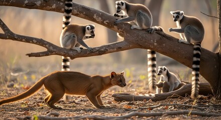 Obraz premium Fossa predator stalking ring-tailed lemurs in the wild Madagascar forest habitat