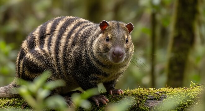 Striped possum resting on a mossy log in a lush tropical rainforest environment.