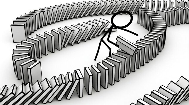 Stick figure person arranges white dominoes in winding line. Minimalist cartoon character builds long sequence for chain reaction cause, effect. Concept of strategic planning, business process,