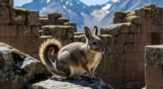 Southern viscacha sitting on ancient stone ruins with mountain peaks in the background.