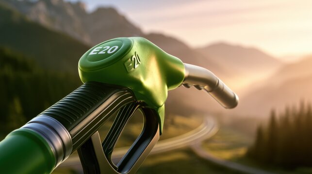 Fuel pump nozzle labeled e20 in focus with scenic mountain road and forest landscape at sunrise in background