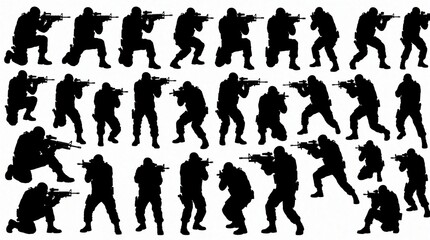 Obraz premium Black silhouettes of soldiers in various tactical combat poses. Armed infantrymen hold rifles in different shooting stances, military movement positions. Group of warriors prepared for battle special