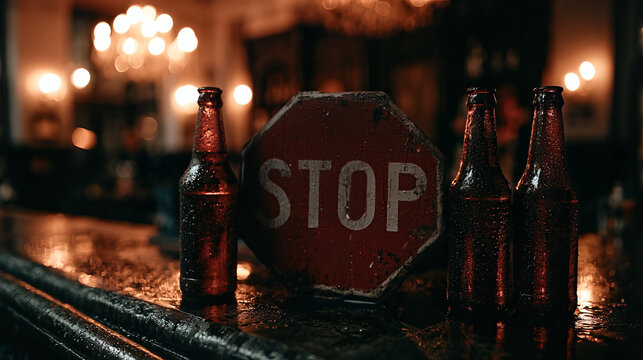 Cozy Pub Interior with Wet Bar Counter, Beer Bottles, and Vintage Stop Sign, Warm Lighting Reflected on Wet Surface.