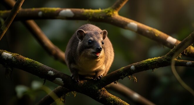 Tree hyrax perched on a mossy branch in a dark forest habitat.
