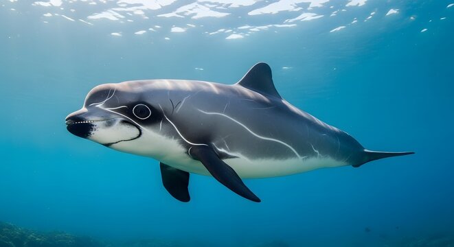 Maui dolphin swimming underwater in the blue ocean, rare marine mammal in natural habitat