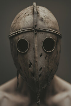people of ai, gladiator mask in horror style, dusty helmet with two holes for the eyes, dark background, photorealistic