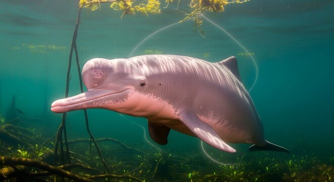 Amazon river dolphin swimming underwater in the murky river habitat of the rainforest.
