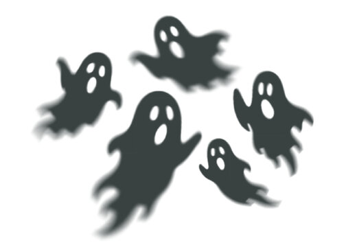 Spooky Halloween Ghost Shadow Silhouettes. Scary Spirit Monsters Transparent Figures. Overlay Horror Background for Creepy Halloween Posters.