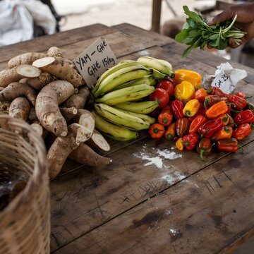 Hand Picking Fresh Greens at African Market Stall with Yam and Pepper Display