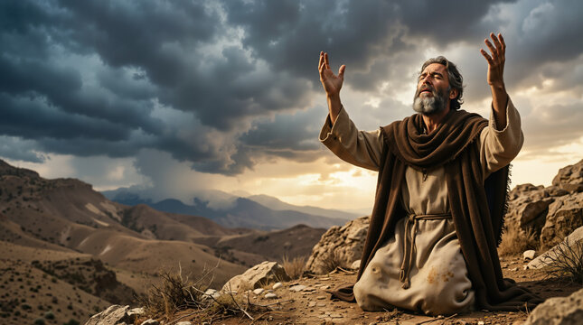 Ancient prophet Moses kneeling in prayer on a rocky mountain. Man with raised hands pleading under a dramatic stormy sky. Concept of spiritual intercession and faith