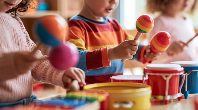 Diverse preschool children play instruments during music class in early childhood development setting Generative AI