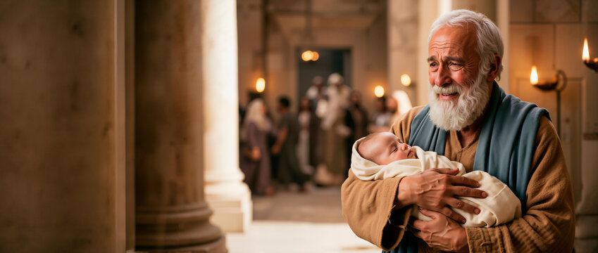 Elderly man Simeon holding the infant Jesus in the temple. Emotional senior grandfather cradling a sleeping newborn baby. Wide banner background with copy space