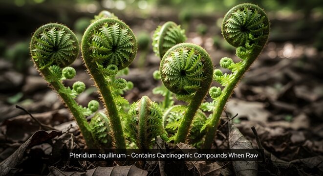Young fern fiddleheads unfurling in spring forest, close-up of green plant growth