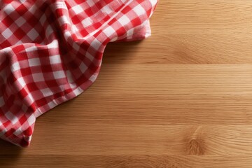 Obraz premium Red and white checkered kitchen towel draped on the corner of a clean natural wood table surface with ample space for text or food display