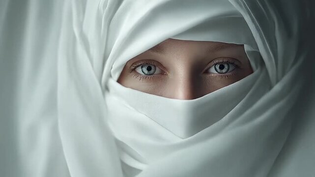 Woman's eyes framed by white flowing fabric.