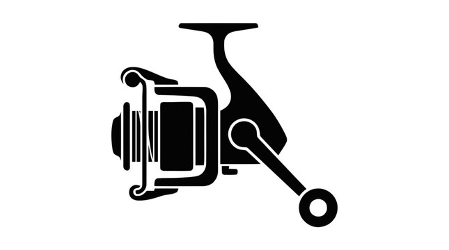 Vector illustration of black silhouette icon of a fishing spinning reel on a transparent background
