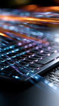 Vibrant futuristic keyboard with colorful light trails creating a dynamic digital technology concept at night