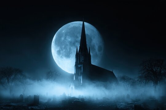 Mystical nighttime scene of an old gothic church silhouetted against a glowing full moon with fog drifting over a graveyard in a dark eerie landscape