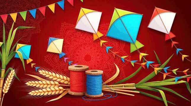 Colorful kites fly near wheat stalks, sugar cane. Festive bunting hangs above spools of red, blue thread. Celebrating Indian kite festival, harvest season, traditional crafts. Bright, joyous cultural