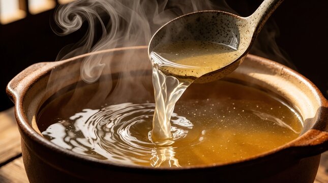 Clear broth is poured from a ladle into a rustic clay pot creating steam. This image represents healthy eating and traditional cuisine, perfect for food blogs or wellness content.