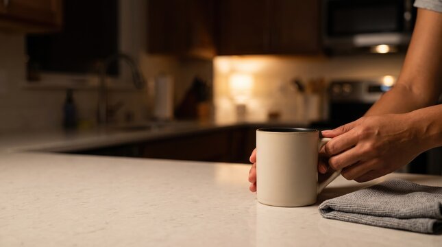 Person grips mug on clean countertop in modern kitchen