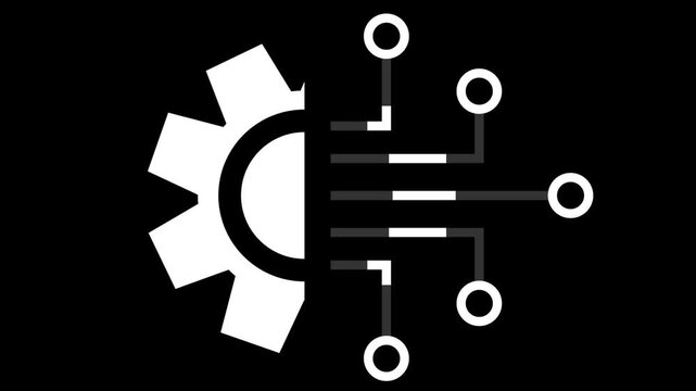 Half gear and half circuit board nodes on dark background, representing digital engineering and tech.